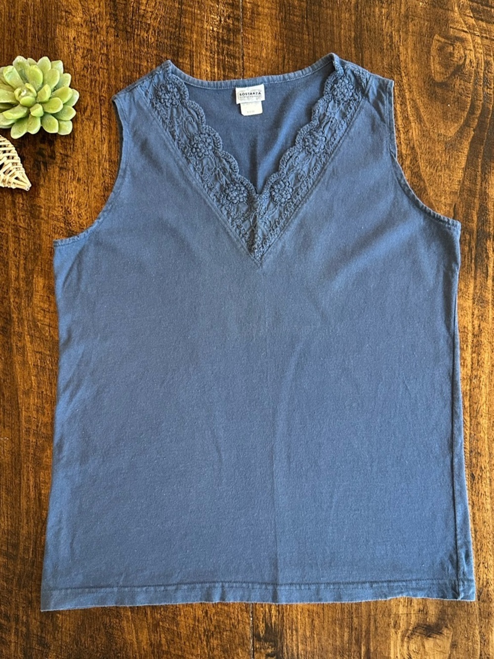 Sostanza | Blue Cotton V-Neck Tank Top with Embroidery at Neckline, Size M